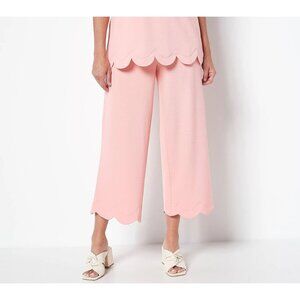 NWOT Isaac Mizrahi Live! Pebble Knit Wide-Leg Pant Sz MT Peach Scalloped Hem